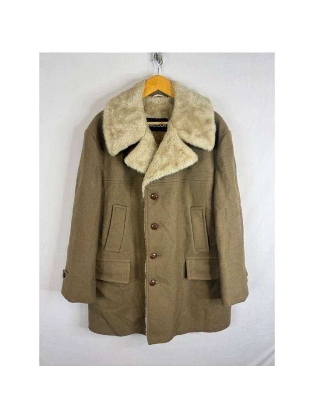 Croydon Vintage 60s Wool Faux Fur Borg Lined Car Coat Brown Mens 44